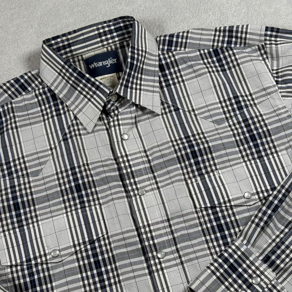 Wrangler Mens Plaid Western Pearl Snap Shirt Black Blue White Large Tall